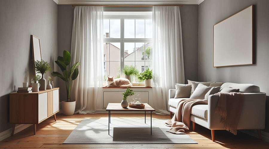 The living room area with a comfortable sofa, coffee table, and potted plants.