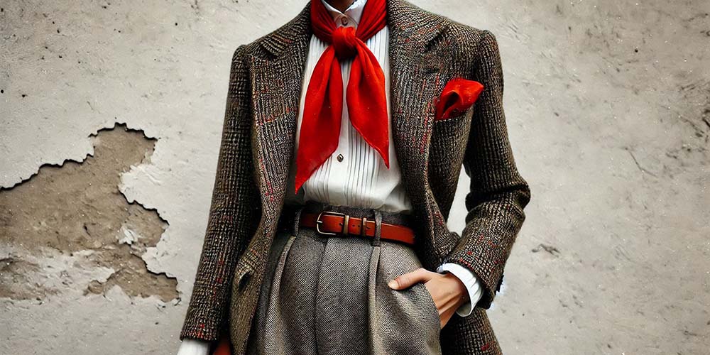 Man wearing a brown tweed jacket, red silk scarf, white shirt, and gray trousers against a textured wall.