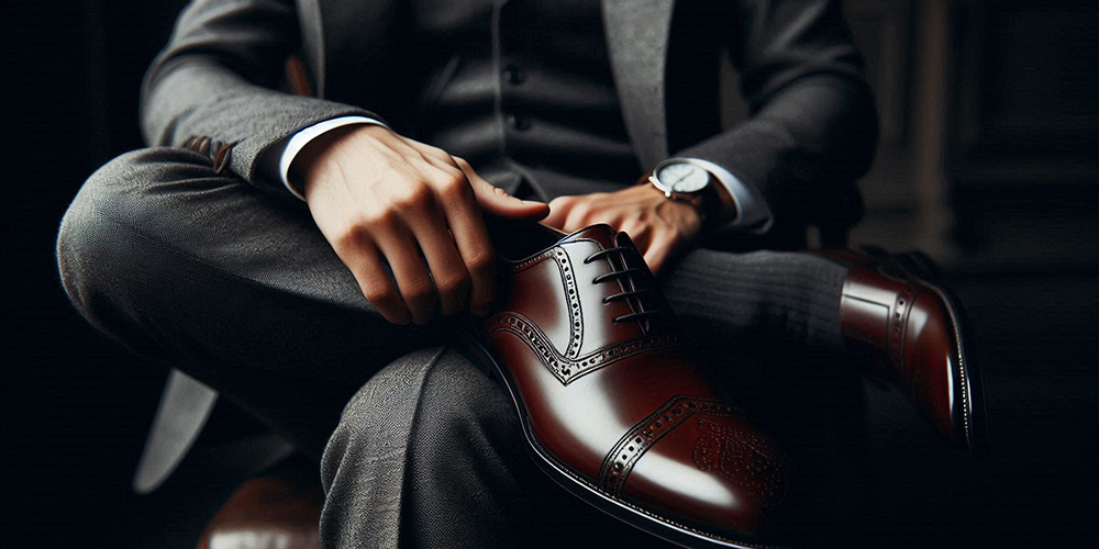 A man in a suit tying his brown leather oxford shoes