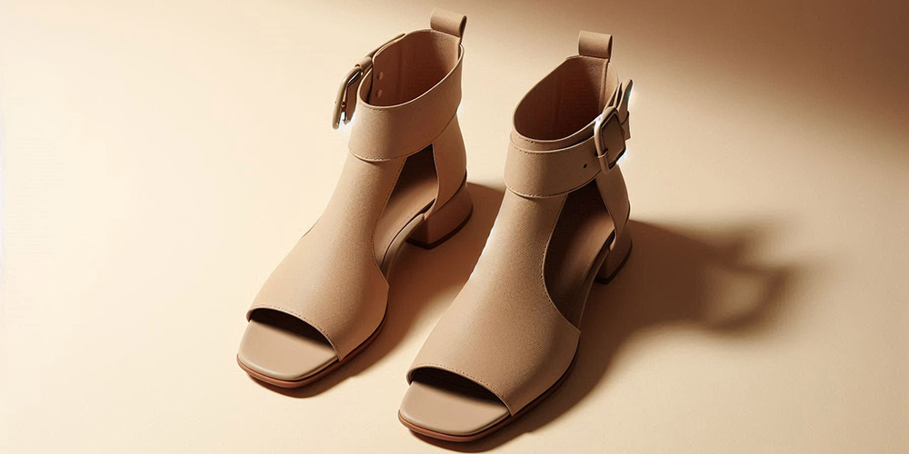 Beige peep-toe shoes with a buckle detail