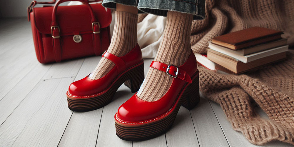 Red Mary Jane shoes with thick wooden heels and a chunky platform sole