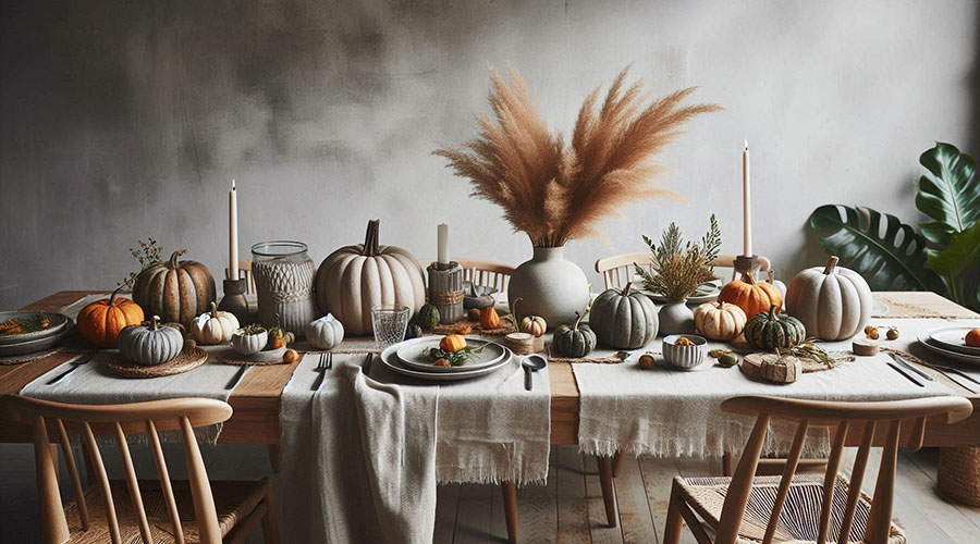 Thanksgiving table with rustic decor and pumpkins.