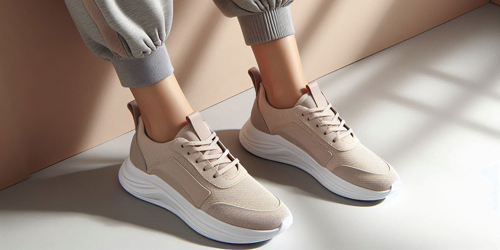 Beige sneakers with white soles and laces