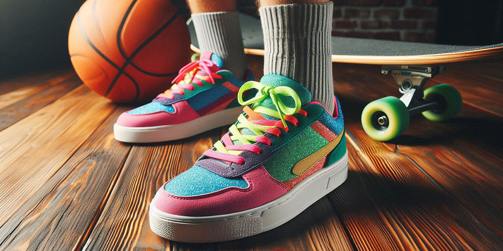 Colorful sneakers with a basketball and skateboard on a wooden floor