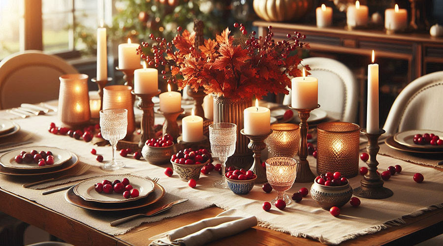 Thanksgiving feast table decorated with candles and seasonal elements.