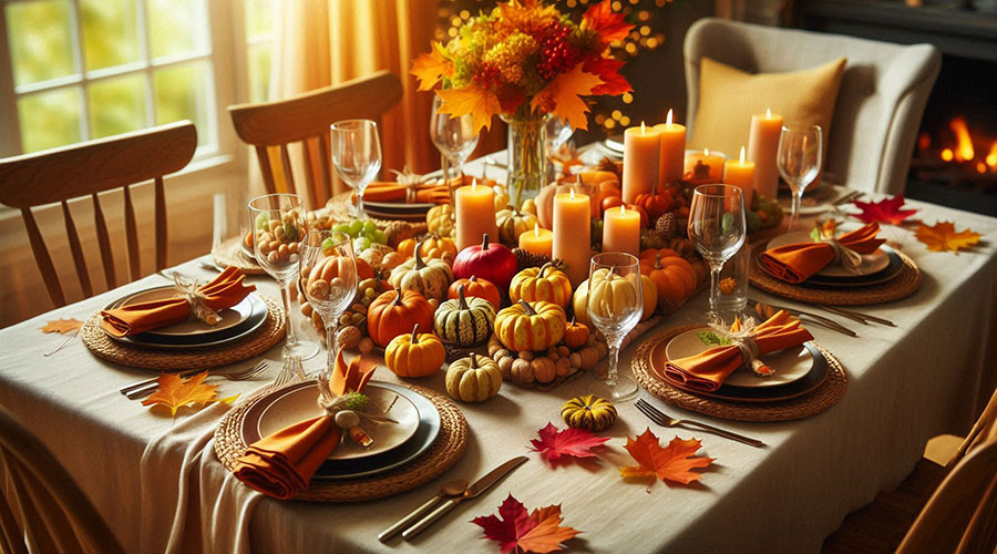 Thanksgiving table setting with pumpkins, candles, and autumn leaves