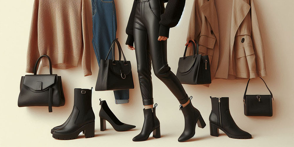 A woman wearing black leather boots, pants, and a handbag.