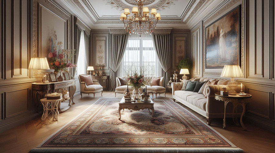  A classic living space showcasing a stunning silk rug and plush furnishings