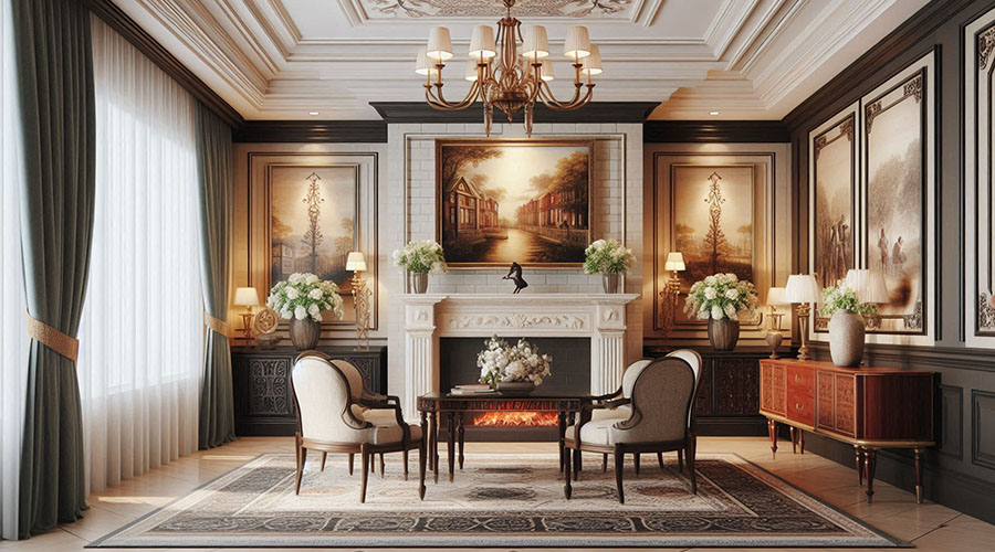 Classic living room with ornate fireplace and framed artwork.