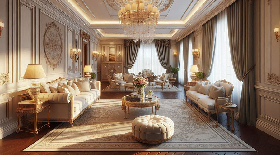  A luxurious living room featuring high ceilings, large windows, and ornate furnishings