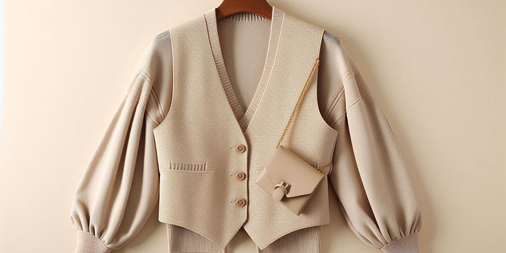 Beige knitted waistcoat vest top with a deep V-neck, button closures, and attached sleeves.