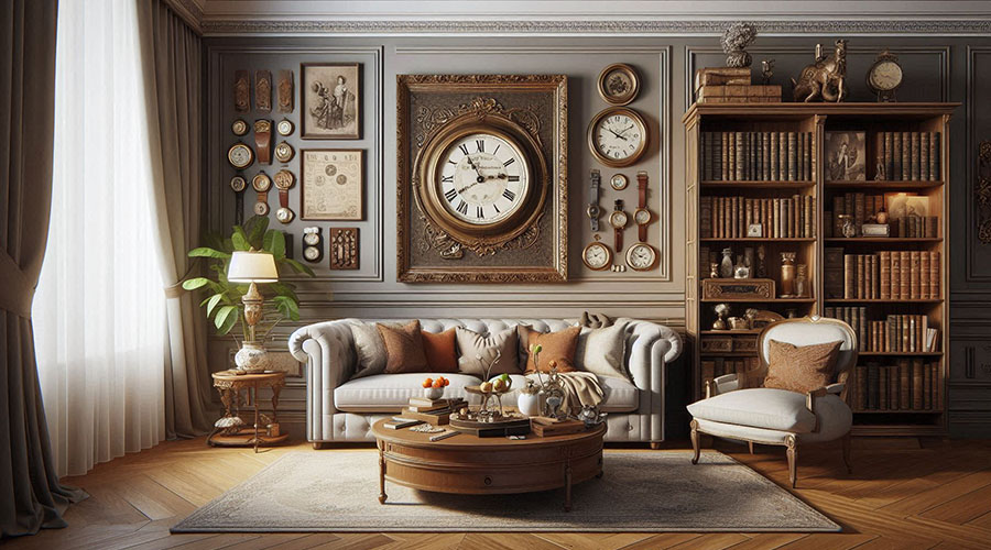 Traditional home interior with a vintage watch collection