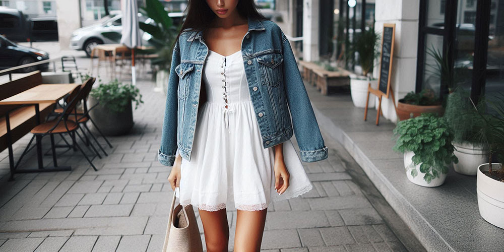 white dress paired with a denim jacket