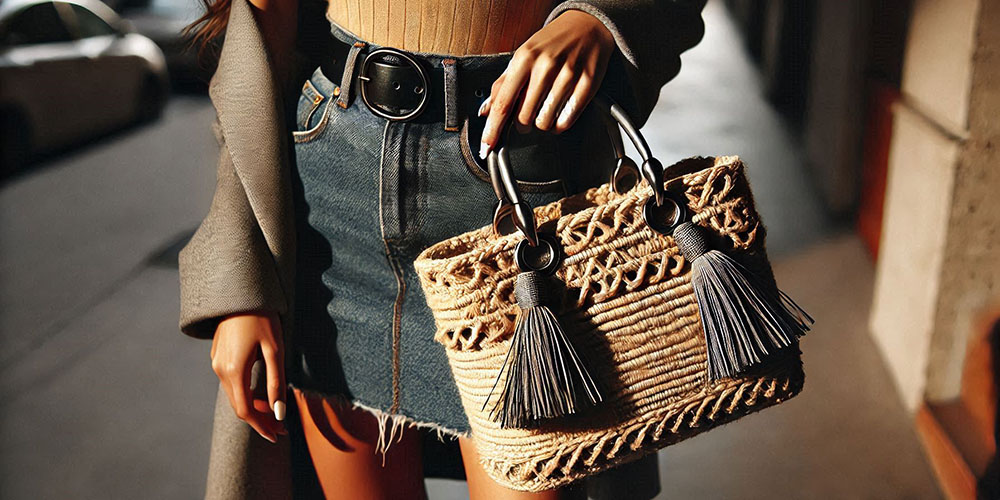 A woman holding a stylish woven bag with tassels, accessorizing her denim skirt and coat.