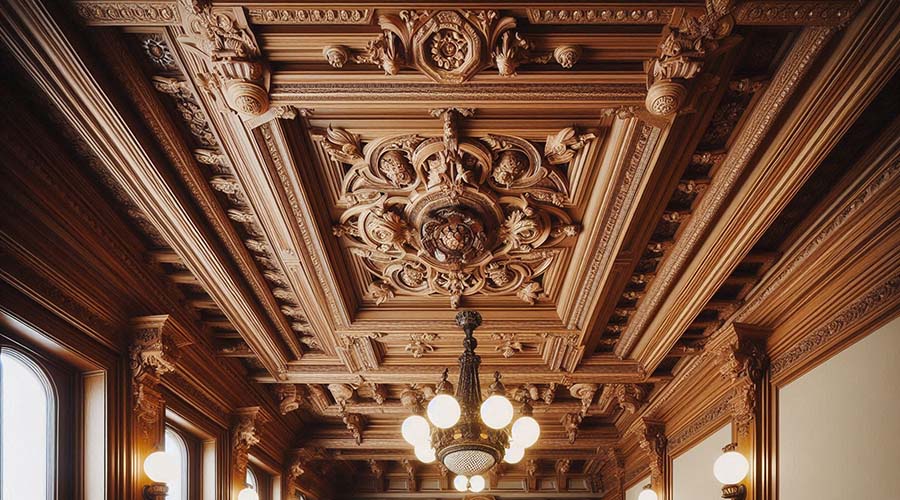 wooden ceiling carvings with floral motifs showcasing traditional home design elements