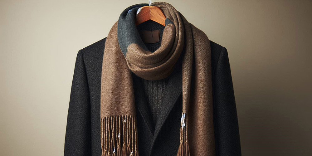 Brown and black wool scarf with tassels hanging from a wooden hanger