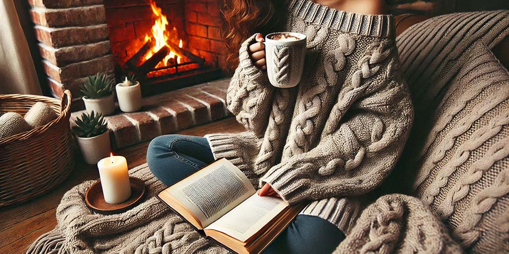 Woman relaxing in a cozy oversized knit sweater by a fireplace, holding a mug and reading a book.