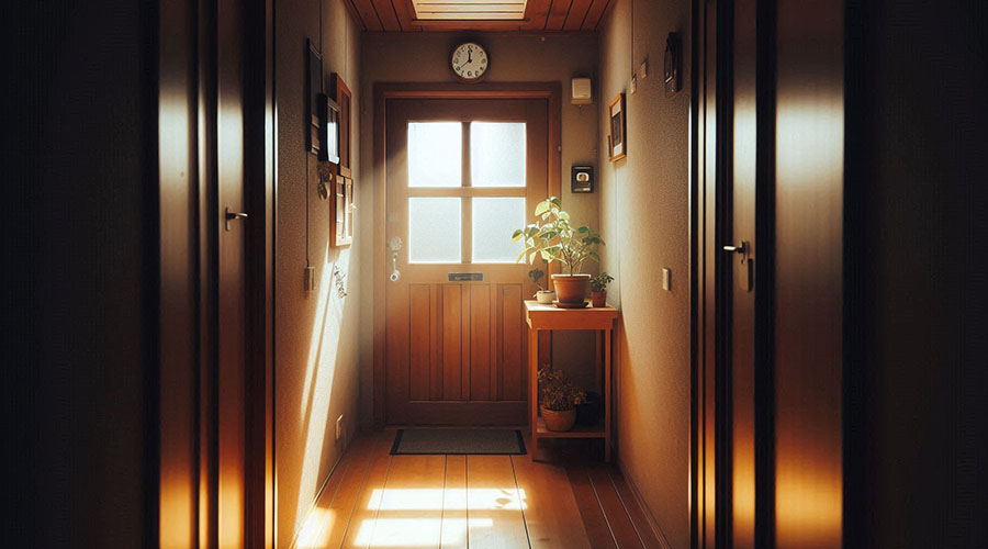 Wooden door with windows in a sunlit hallway