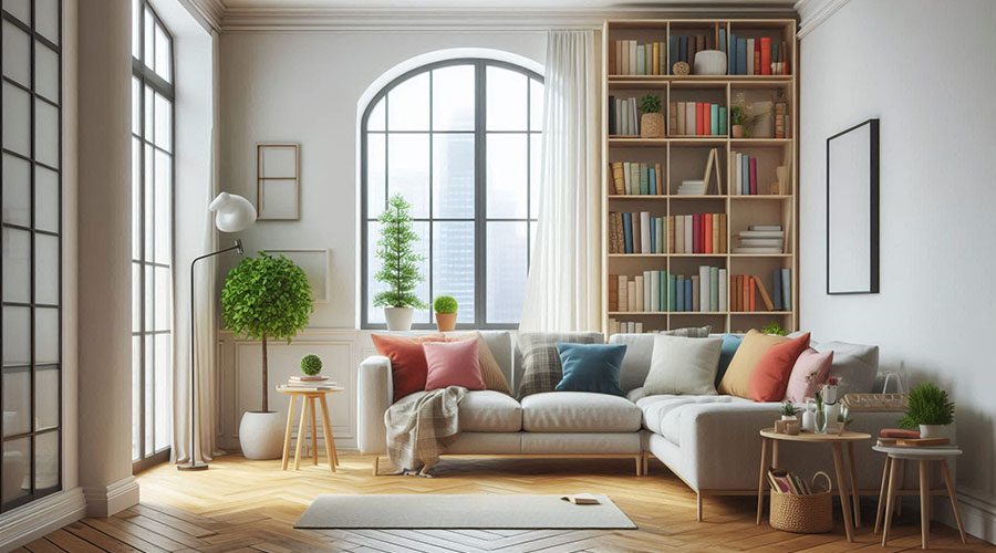 Modern living room with white sectional sofa, floor-to-ceiling bookshelves, and large arched window.