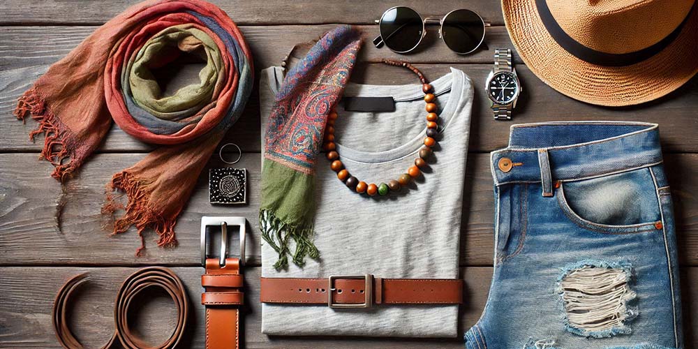 A flat lay of summer fashion accessories, including sunglasses, a hat, a watch, a scarf, and a necklace.