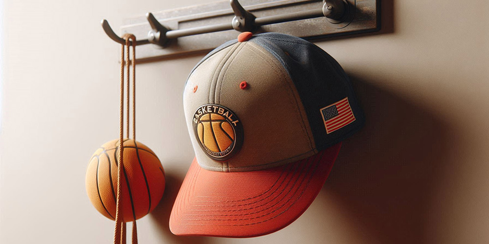 Basketball cap hanging on a hook with a basketball hanging next to it