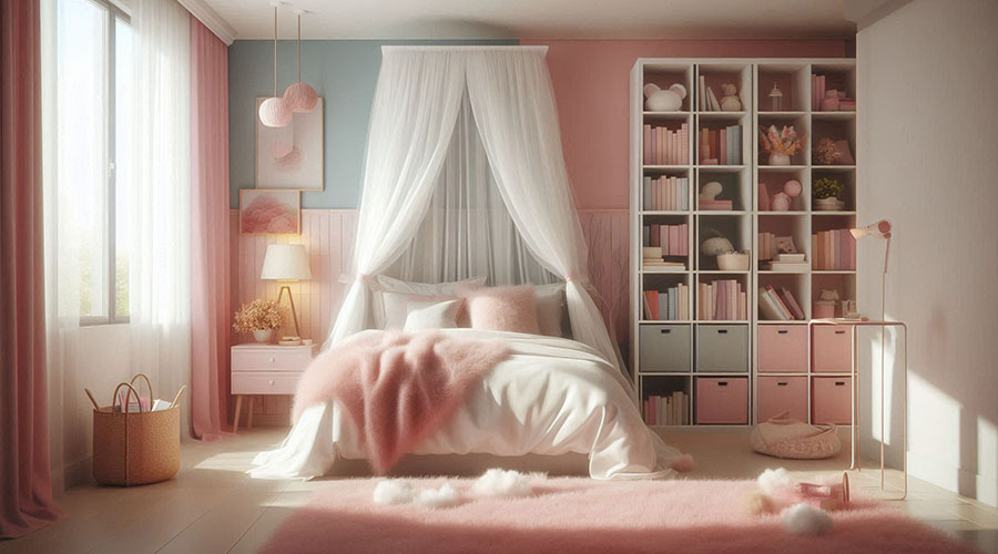 Pastel pink bedroom with canopy bed and fluffy rug