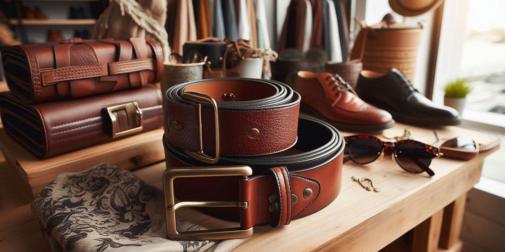 Brown leather belt with gold buckle on a wooden table