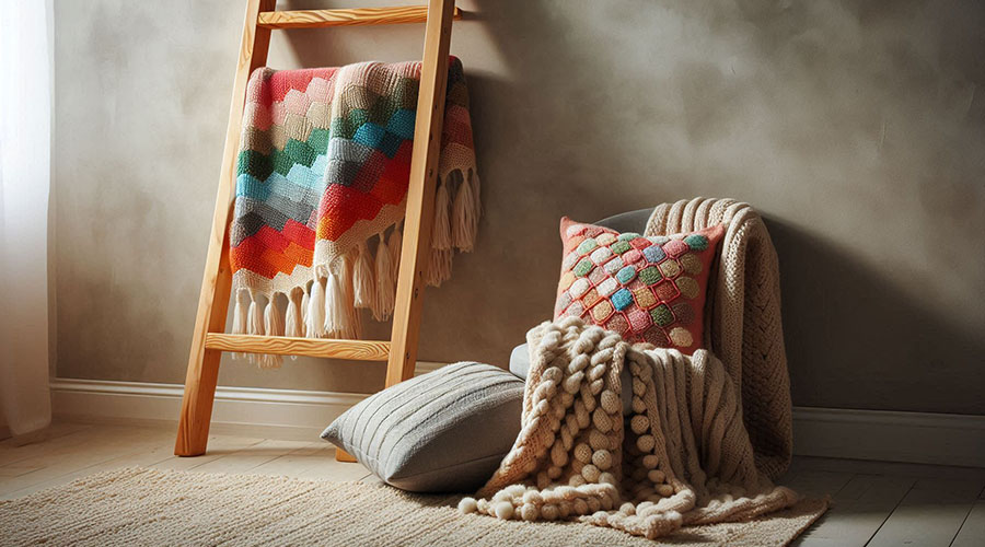 Wooden blanket ladder with colorful blankets and pillows