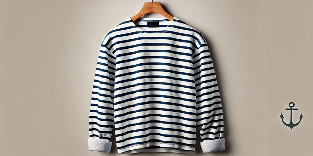 Breton striped long-sleeved shirt hanging on a wooden hanger, with a nautical anchor symbol in the corner.