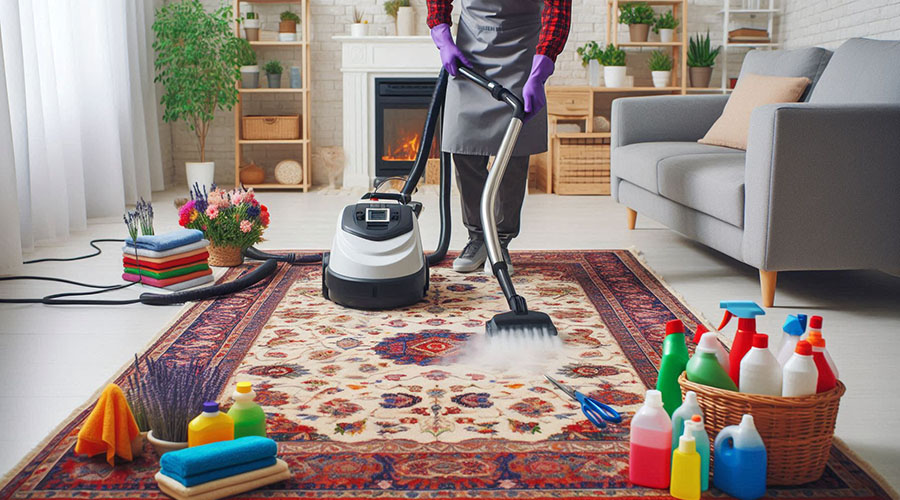 A man cleaning a carpet with a steam cleaner