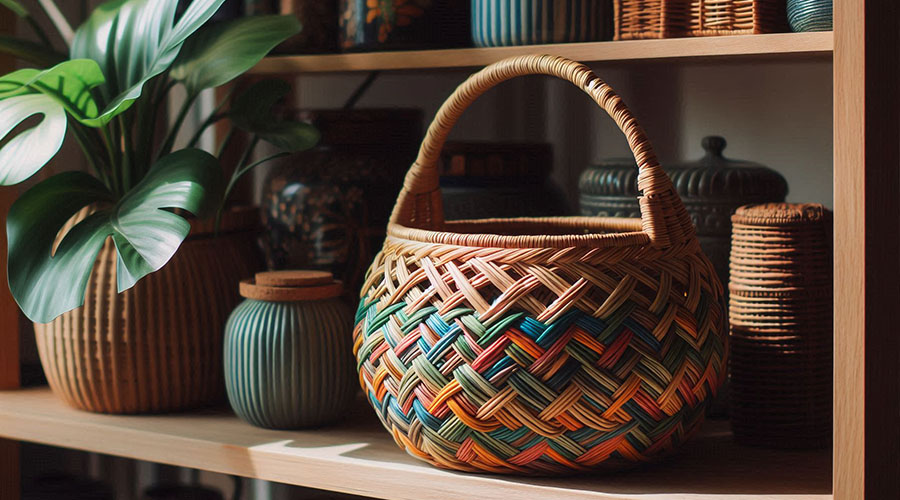 Colorful handmade wicker basket on a wooden shelf