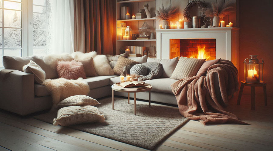 Comfortable living room furniture, fireplace, cozy home decor, winter ambiance