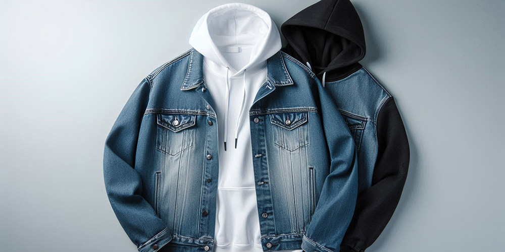 Denim jacket with white and black hoodies