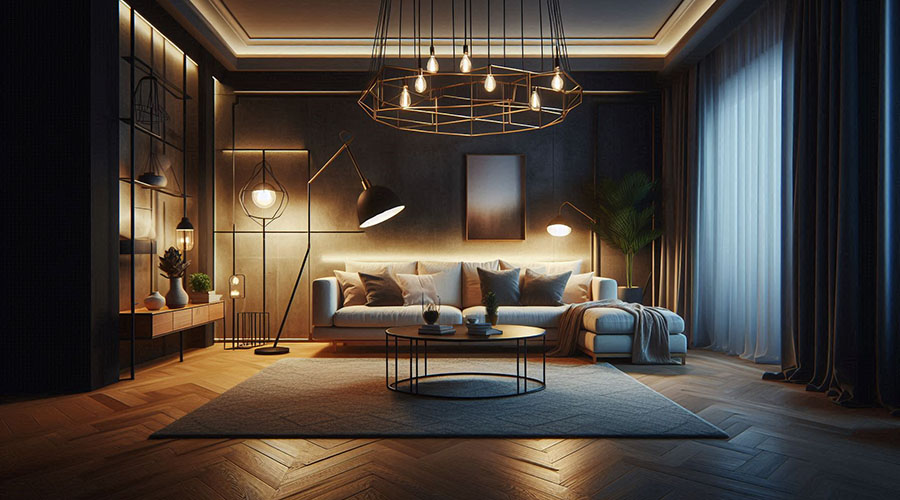 Living room with various lighting fixtures, including pendant lights, floor lamps, table lamps, and recessed lighting.