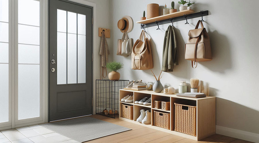 Organized entryway with coat rack, shoe rack, and storage bins