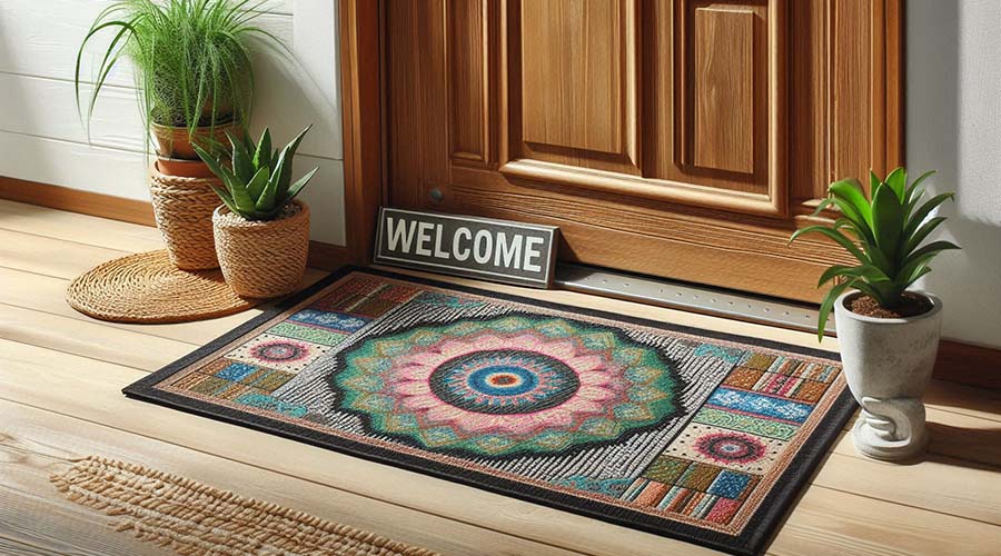 Vibrant doormat with geometric patterns and a wooden welcome sign