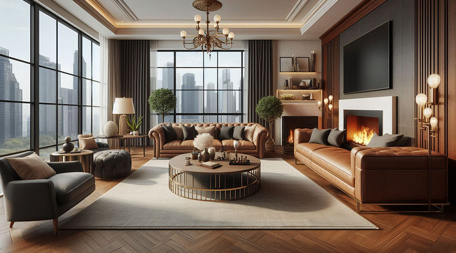 Luxurious living room with leather sofas, a fireplace, and a city view.