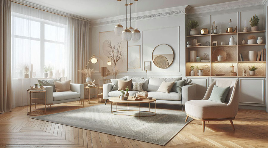 Light-colored living room furniture with a beige rug and wooden floors