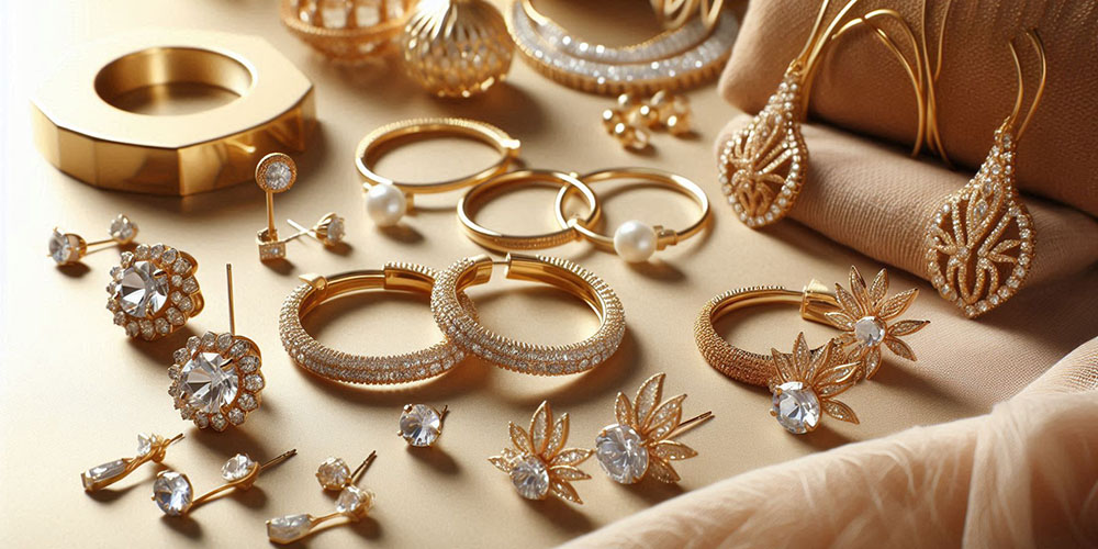 Assortment of gold jewelry with diamonds and pearls