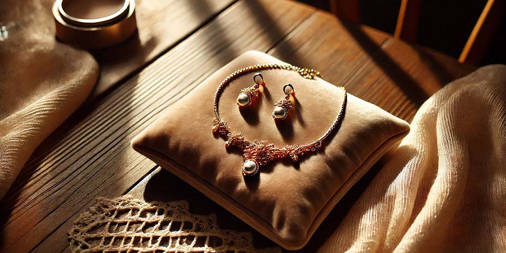 Gold necklace and earrings with pearls on a velvet cushion