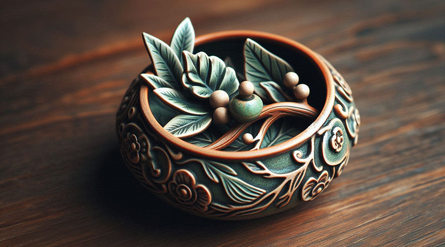 Artisan-crafted pottery bowl showcasing intricate leaf and berry detailing