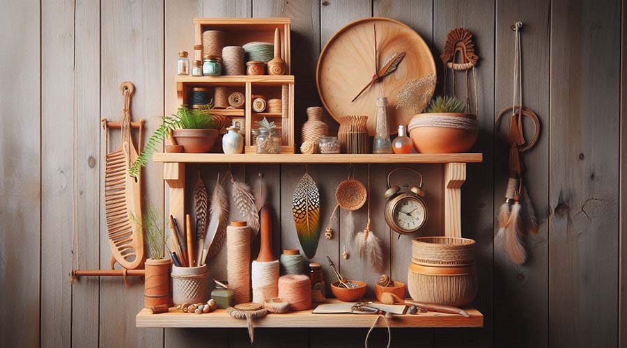  Wooden shelves with various items