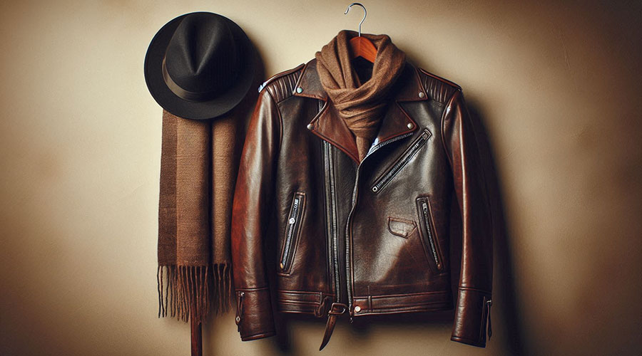 Brown leather jacket, brown scarf, and black hat hanging on a wooden hanger