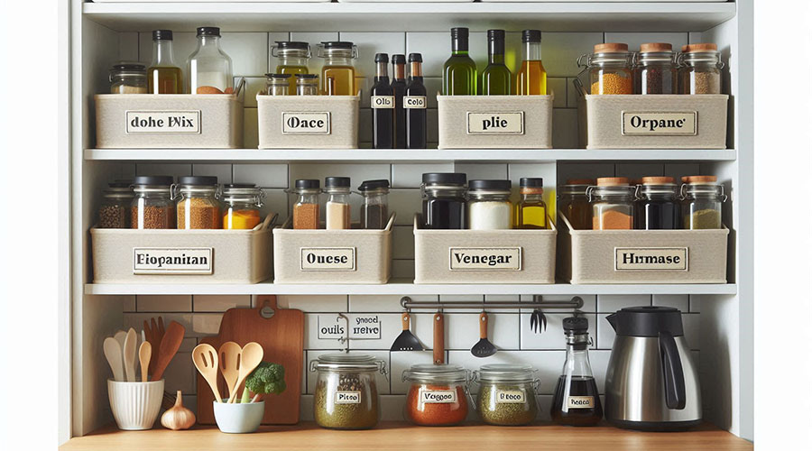 Organized pantry with spices, oils, and kitchen utensils.