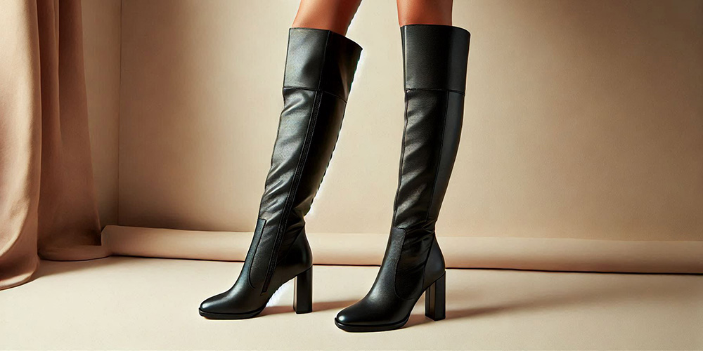 Over-the-knee leather boots with high heels and a square toe