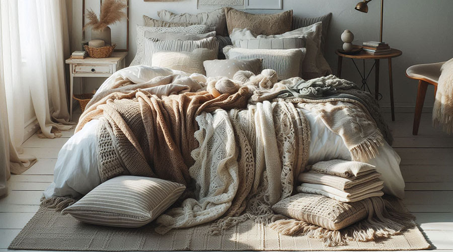 Layered bedding with various textures and colors