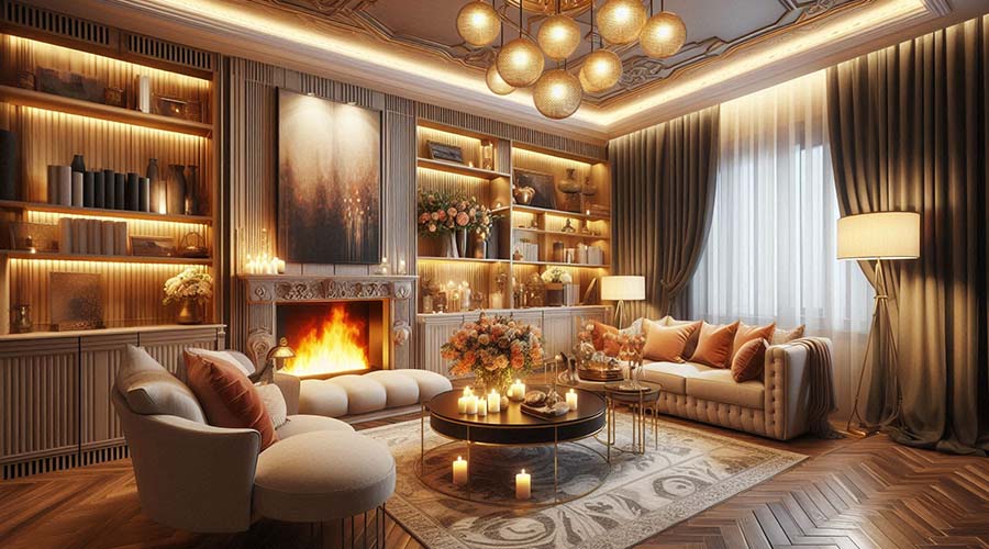 Opulent living room with multiple light sources creating a warm and inviting atmosphere.