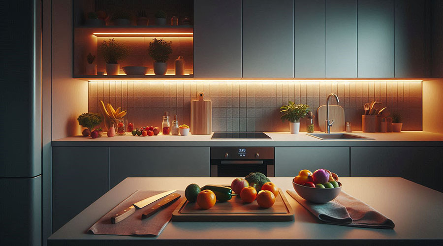  LED strip lighting under kitchen cabinets, illuminating countertop and fresh produce.