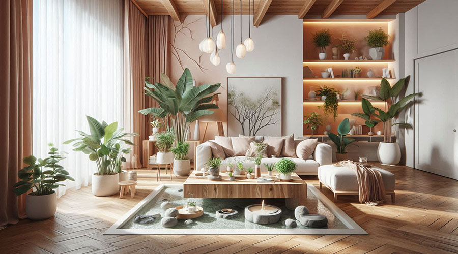 Modern living room with plants, wooden furniture, and a cozy atmosphere.