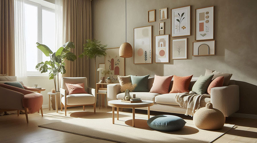 Cozy living room with a beige sofa, armchairs, and a gallery wall of framed artwork.